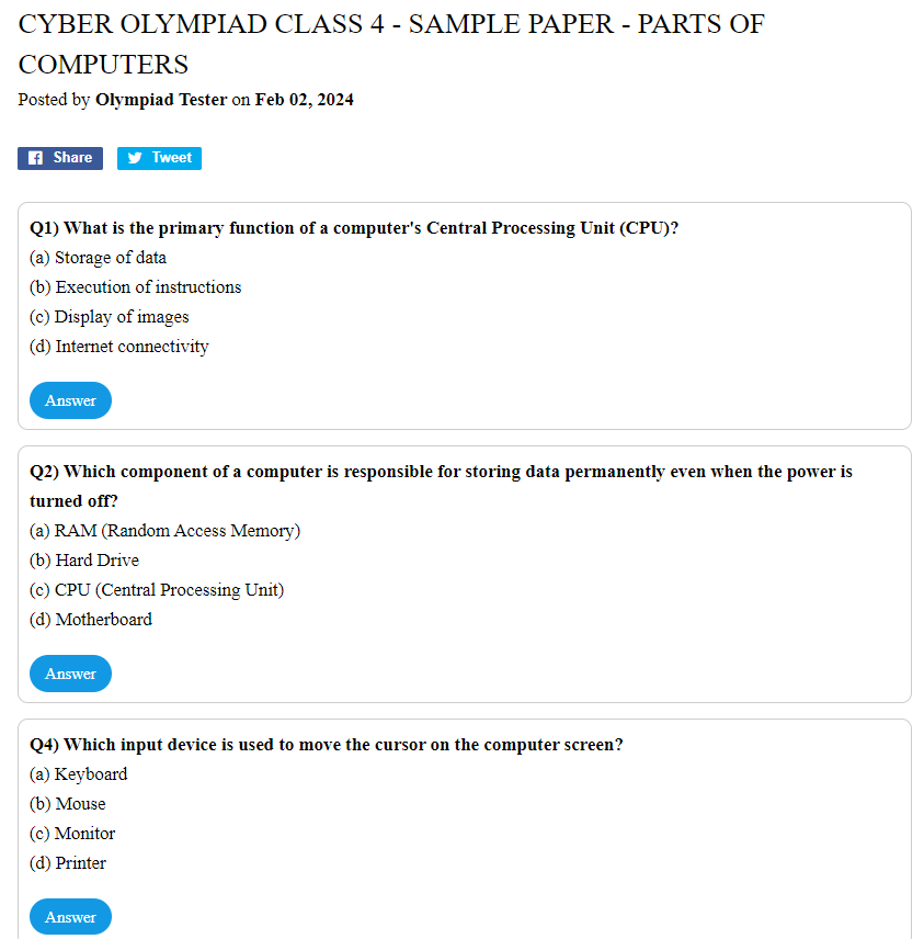 Cyber Olympiad Class 4 - Sample paper - Parts of computers | Olympiad ...