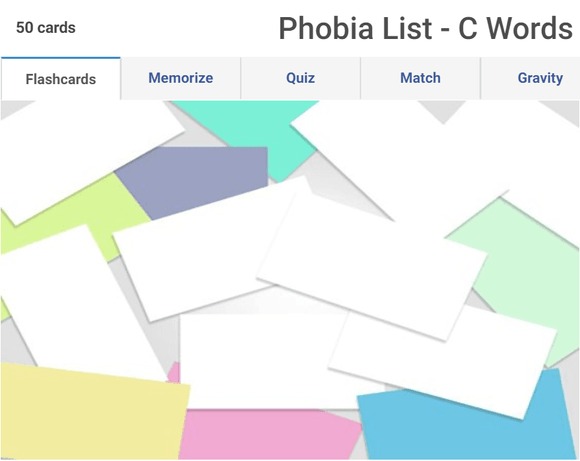 Online flashcards to learn Phobia words starting with C