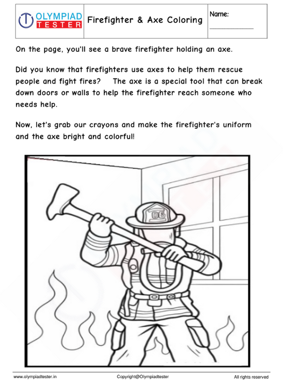 Kindergarten Coloring Worksheet - Firefighter & Axe Coloring page