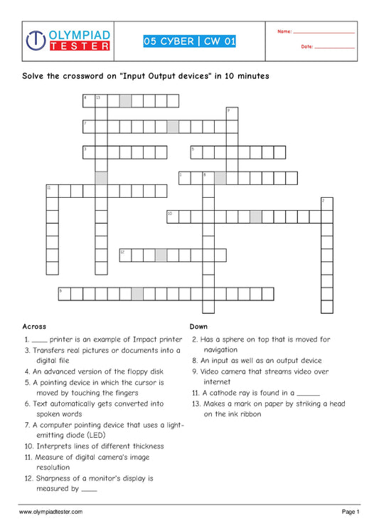 10 Computer Science crossword puzzles for Grade 5