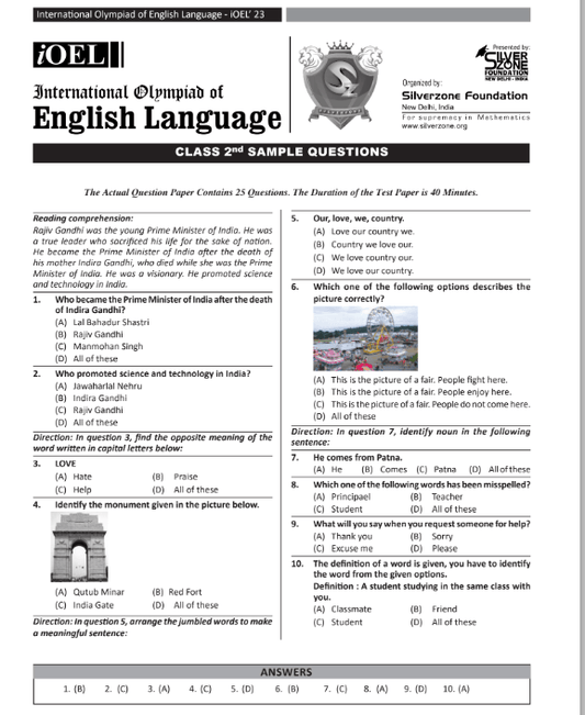 Download Class 2 iOEL sample paper - Olympiad tester