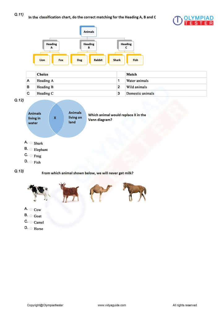 Class 1 Science HOTS - Animals - PDF Worksheet 01