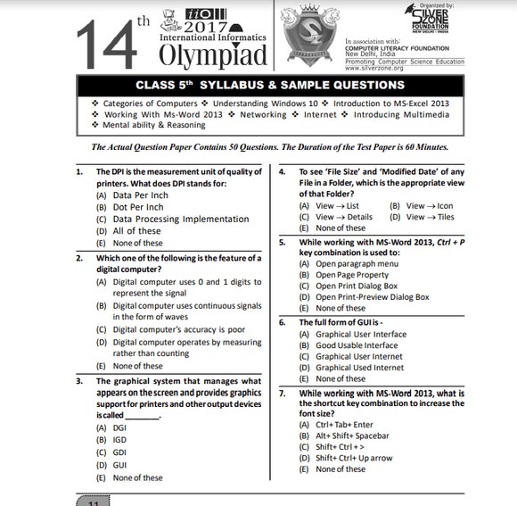 Class 5 iIO (International informatics Olympiad) sample paper