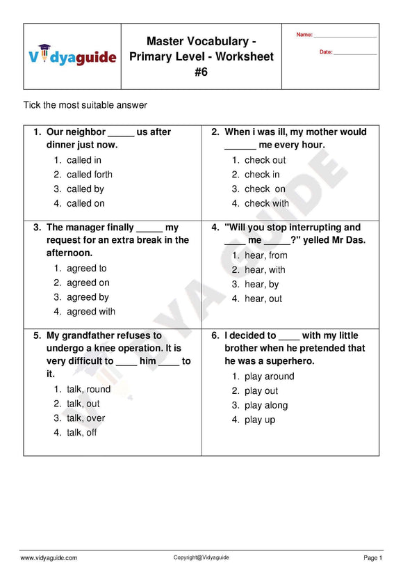 English Vocabulary for Primary levels made easy - Worksheet 06