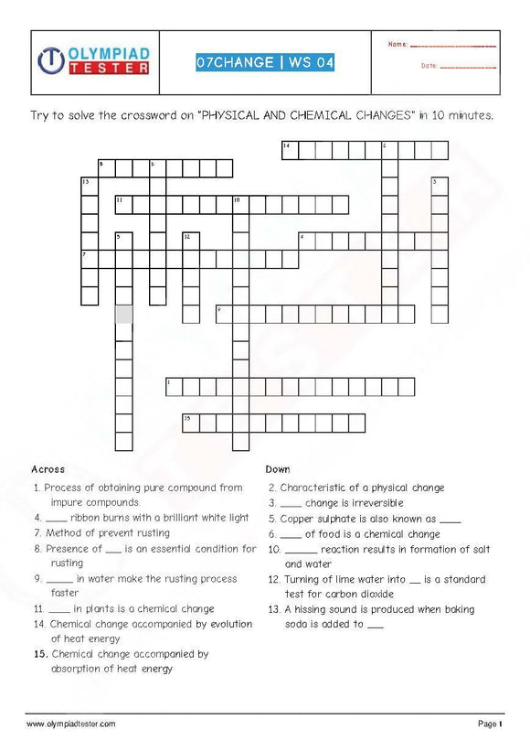 Class 7 Science printable pdf crossword puzzles on the chapter - Physical and chemical changes. There are 150 such Class 7 Science worksheets
