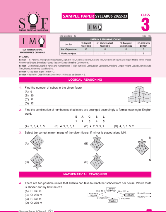 Download Class 3 IMO Maths Olympiad free sample paper - Olympiad tester