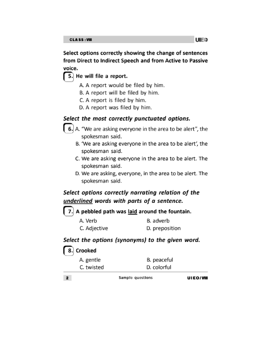 Class 8 UIEO English Olympiad sample question paper - Olympiad tester
