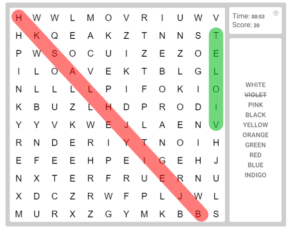 Online Brain games for kids - Word Search puzzle on Colors