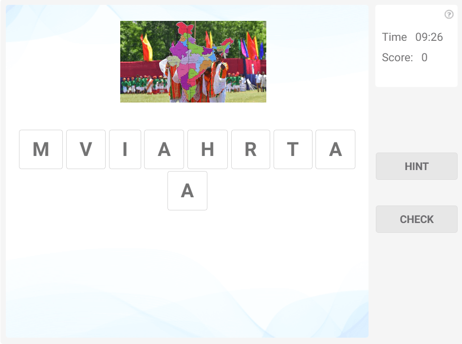 Online words unscramble puzzle - Indian States and capitals