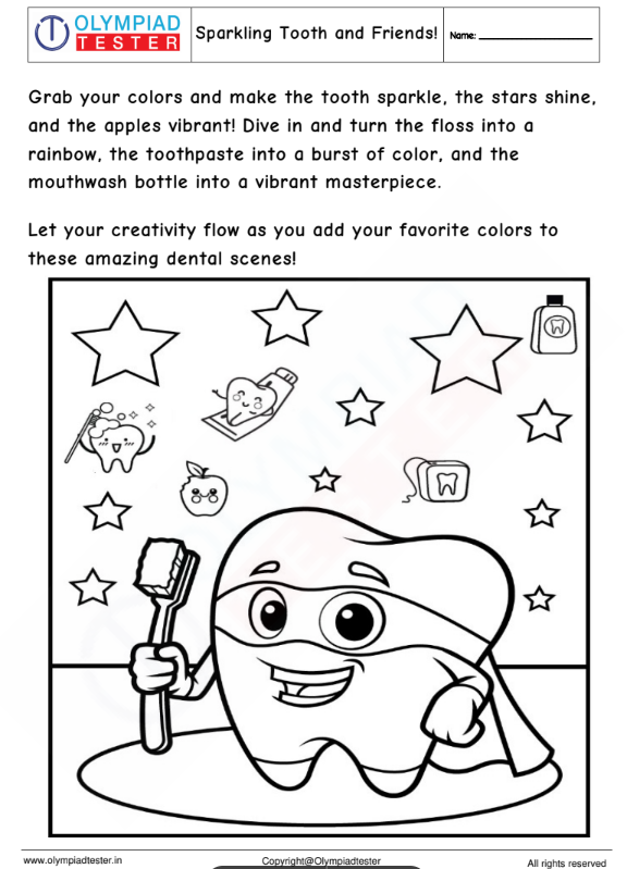 Kindergarten Coloring Worksheet: Sparkling Tooth and Friends!