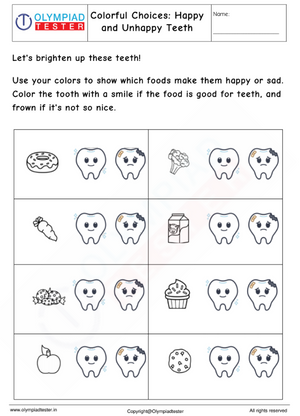 Kindergarten Worksheet : Happy and Unhappy Teeth