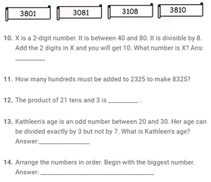 Number System Worksheet for Class 3 IMO preparation