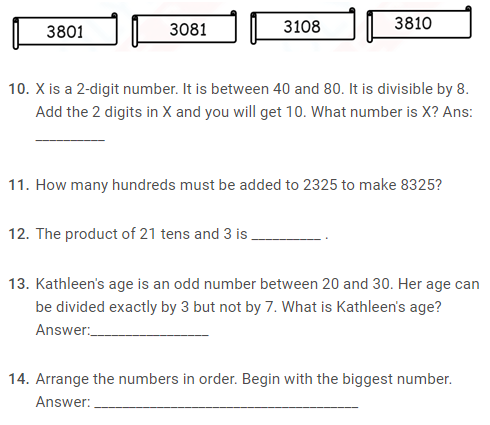 Number System Worksheet for Class 3 IMO preparation