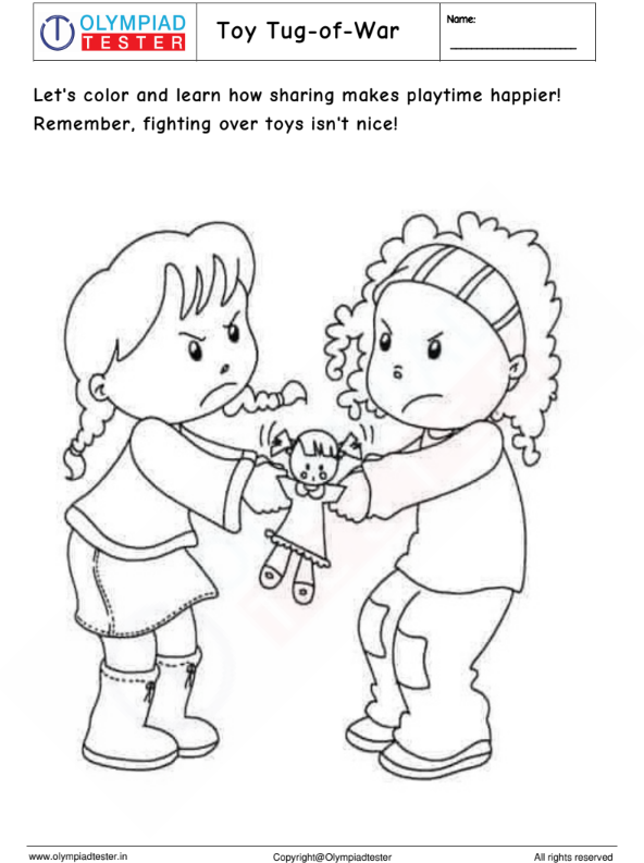 Kindergarten Coloring Worksheet - Toy Tug-of-War | Olympiad tester