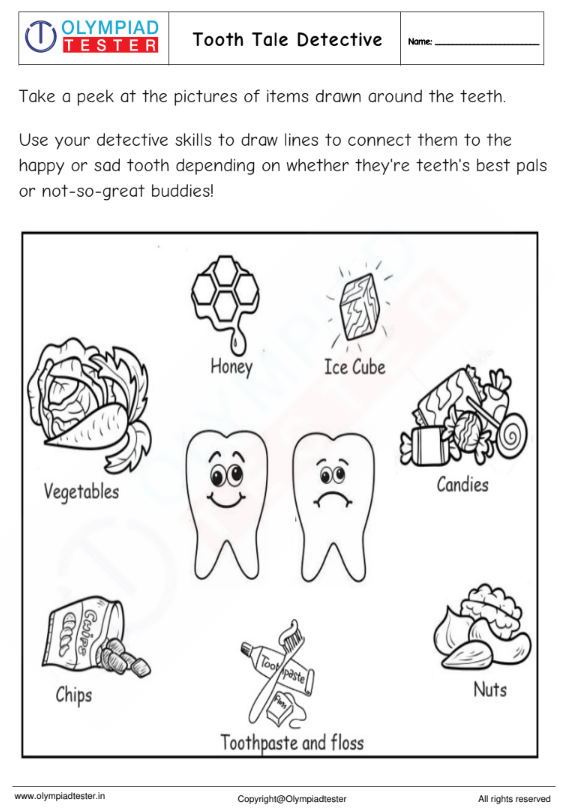 Kindergarten Worksheet: Tooth Tale Detective | Olympiad tester