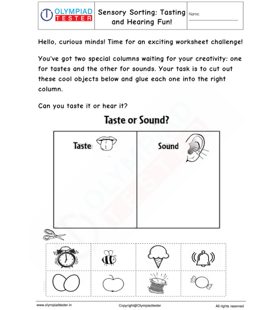 Kindergarten  cut-and-paste Worksheet: Tasting and Hearing Fun!