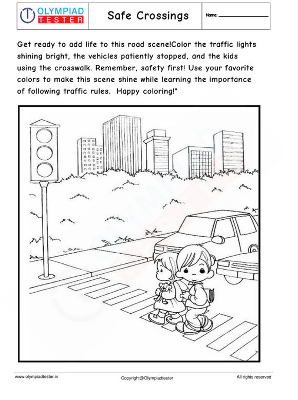 Kindergarten Coloring Worksheet : 2 kids following traffic rules and crossing the road at the zebra crossing