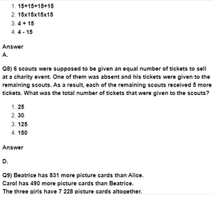 Computation Operations Sample Questions for Class 4