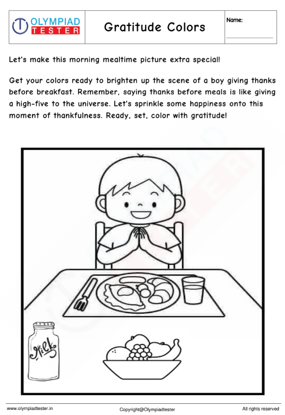 Kindergarten coloring worksheet: boy parying before his meal to show gratitude