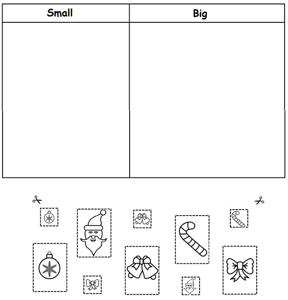 A worksheet with Christmas objects to color and sort by size.