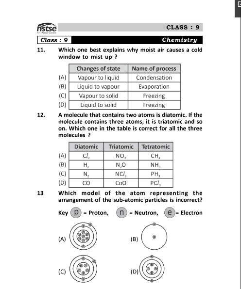 Class 9 NSTSE Official Sample model question paper