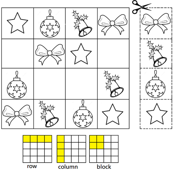 This free Christmas worksheet for kindergarten is a sudoku puzzle on Christmas theme.