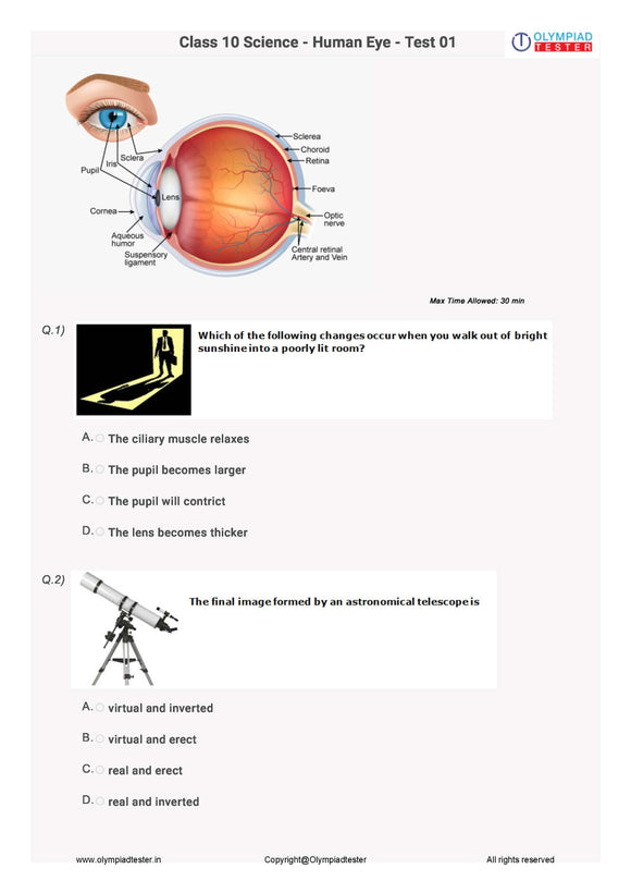 Class 10 NSO Sample paper on Human eye