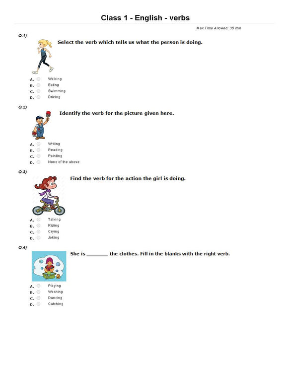 IEO English Olympiad Sample paper for Class 1 - Verbs