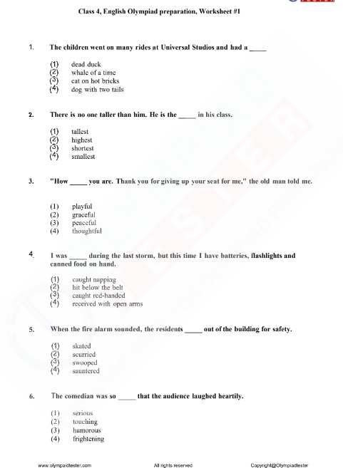 Class 4 English Olympiad MCQ Worksheet #1