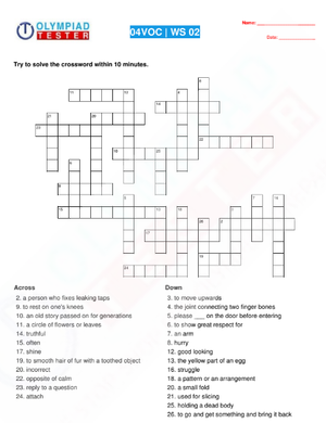 Class 4 English worksheets - Crosswords