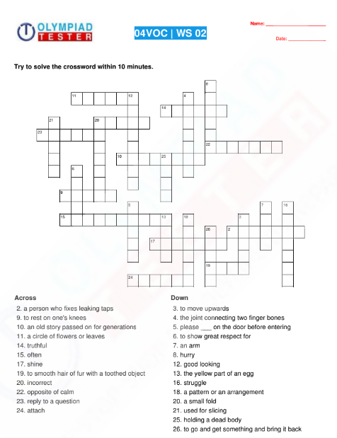 Class 4 English worksheets - Crosswords - Olympiad tester