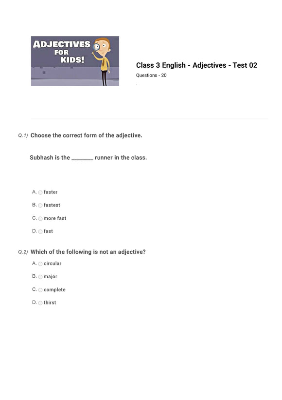 English Olympiad Class 3 - Sample paper - Adjectives