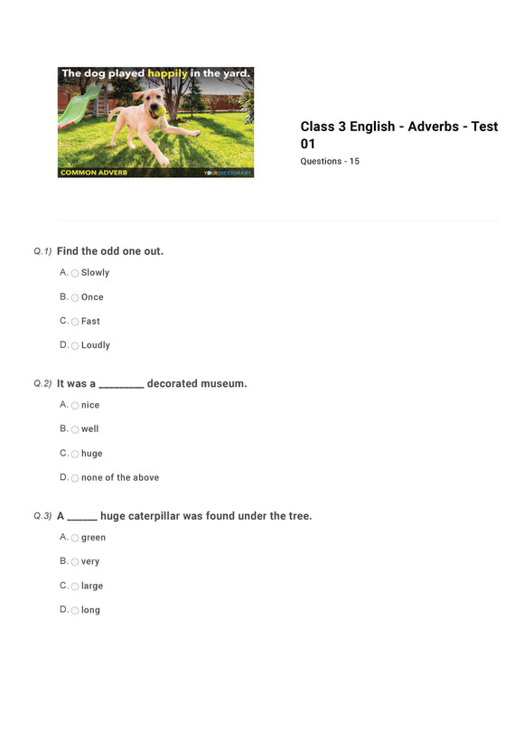 English Olympiad Class 3 - Sample paper - Adverbs