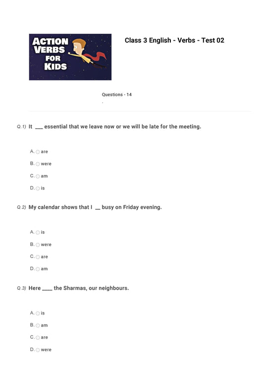 English Olympiad Class 3 - Sample paper - Verbs