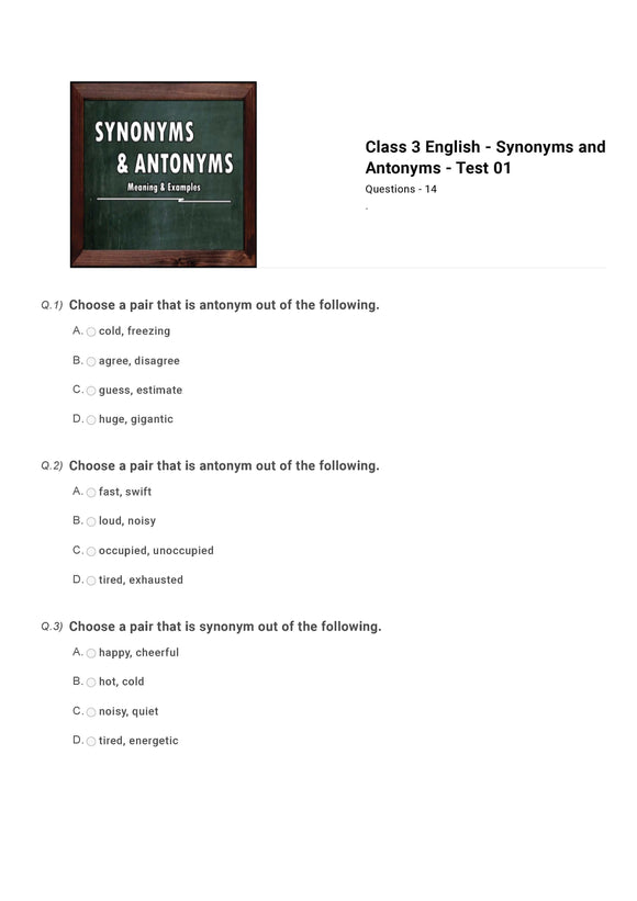 English Olympiad Class 3 - Sample paper - Antonyms and Synonyms
