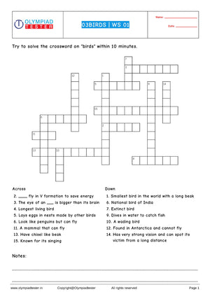 Science Crossword PDF puzzle on birds - Grade 3
