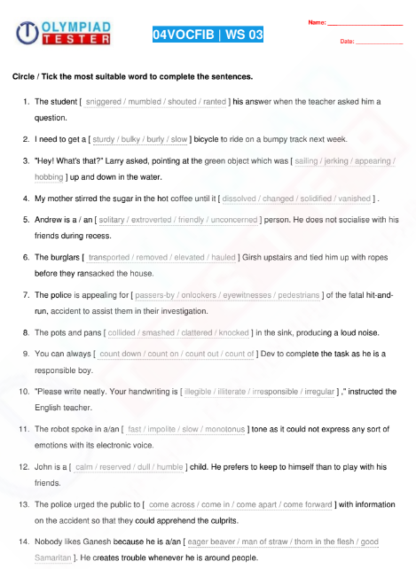Class 4 Worksheets English vocabulary 03 - Olympiad tester