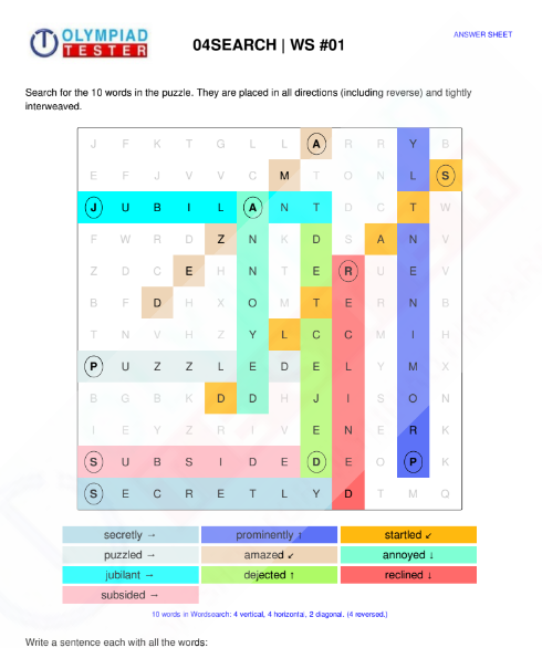 Class 4 Worksheets English Word search 01 - Olympiad tester
