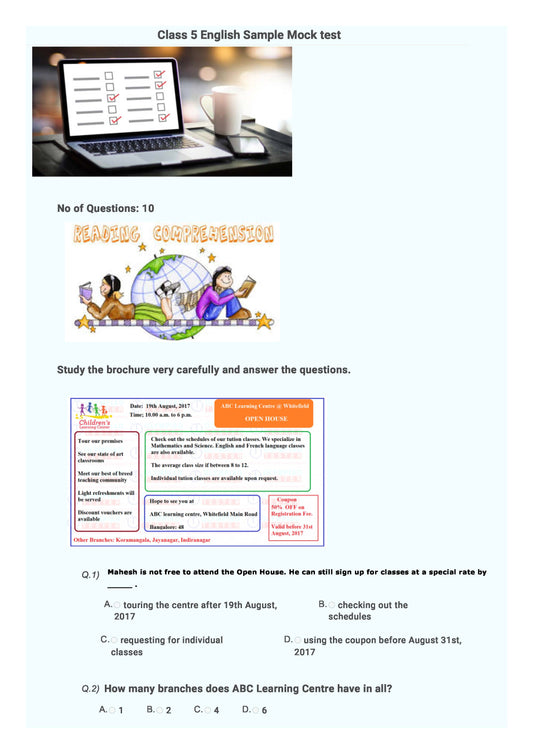 Class 5 English Olympiad - Sample mock test paper