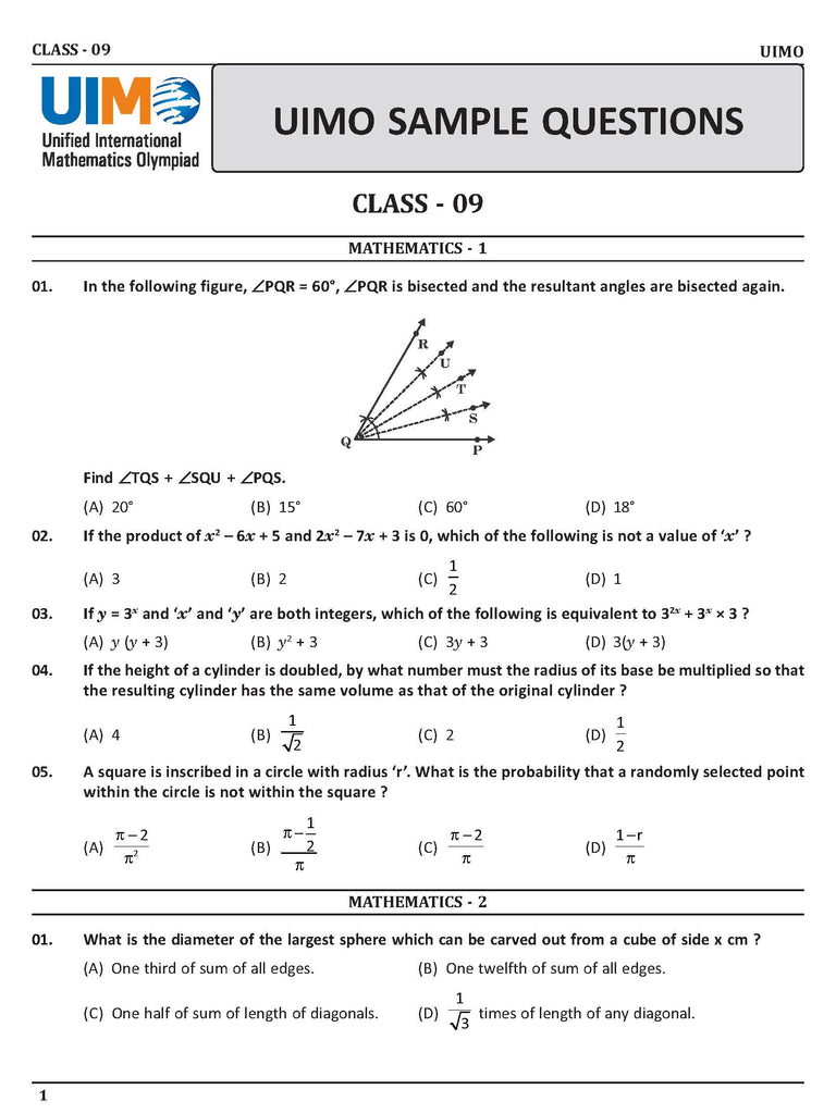 Official UIMO Class 9 Sample model question paper
