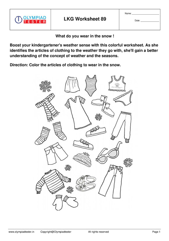 Free LKG PDF Worksheet - What to wear in snow?