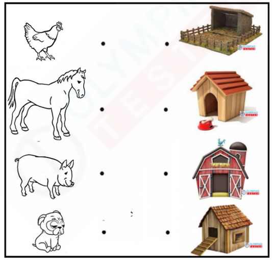 Image of animal match worksheet for kindergarten with pictures of a hen, horse, pig, and dog on the left, and corresponding images of a coop, barn, sty, and doghouse on the right.