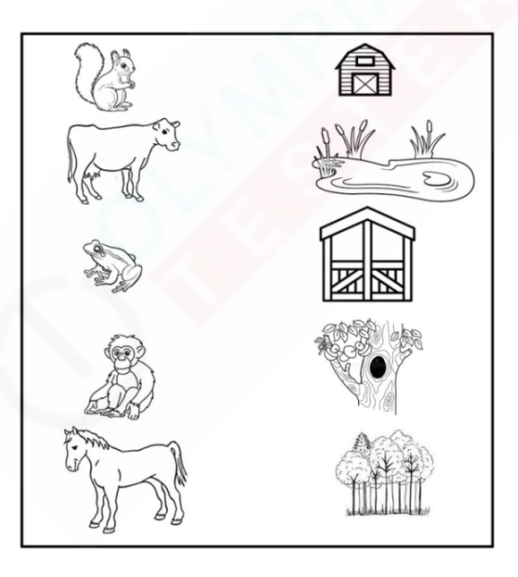 A kindergarten worksheet with pictures of animals and their homes. Instructions are provided to match the animals to their homes.