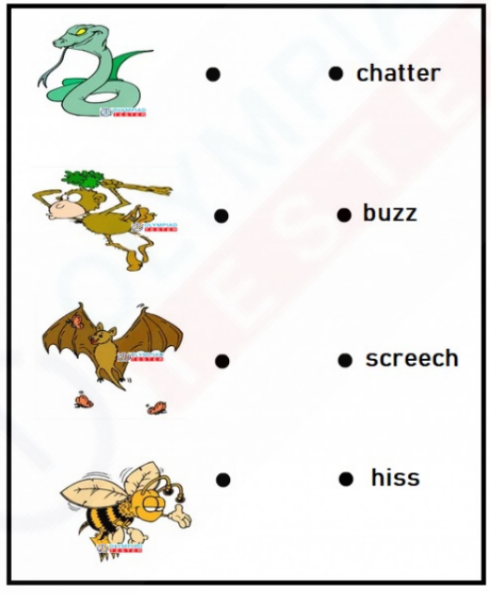 Picture of the animal sound matching free kindergarten worksheet with a snake, monkey, bat, and bee