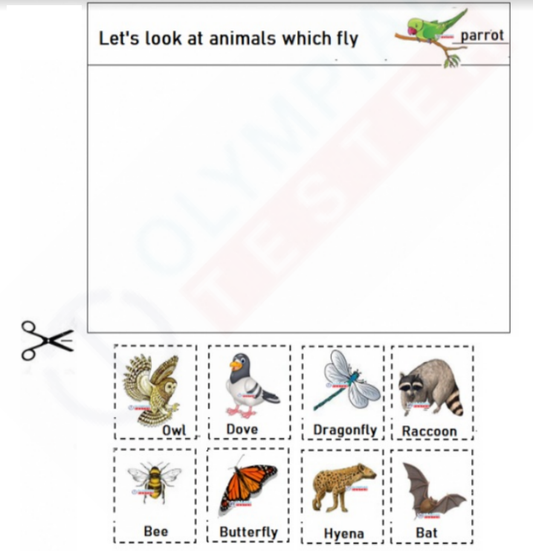 An illustrated worksheet with the title "Let's Look at Animals That Fly!" and a box containing images of animals including a dove, owl, dragonfly, bee, butterfly, and bat for cut and paste activities.