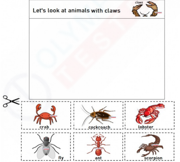 A kindergarten worksheet with pictures of crabs, lobsters, and scorpions to cut and paste.