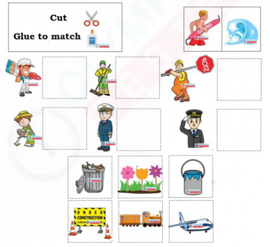 Community helpers matching kindergarten worksheet: Cut and paste objects next to community helpers pictures