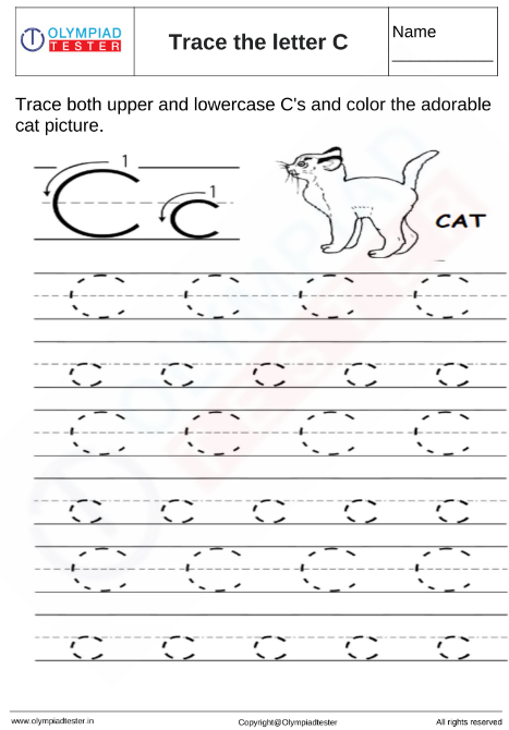 A tracing worksheet for the letter C with a cute cat picture. Includes both uppercase and lowercase C's with dotted lines to trace