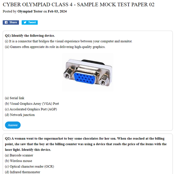 Cyber Olympiad Class 4 - Sample mock test paper 02