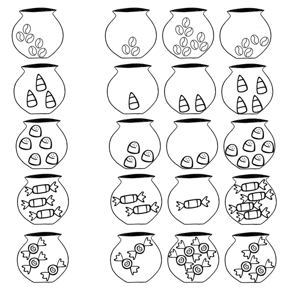 Illustration of pots with ingredients. Circle the one with more ingredients and color them all